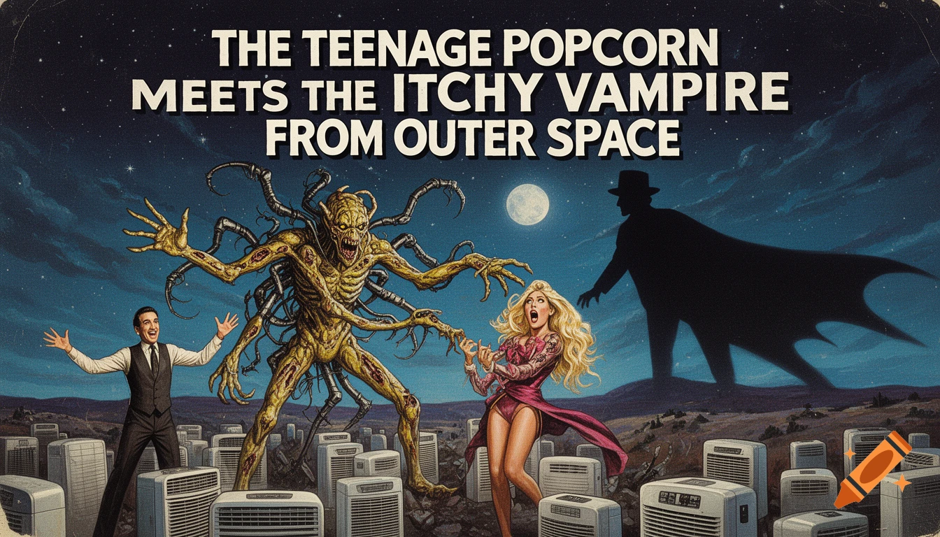 Retro horror movie poster with a yellow, multi-limbed monster facing a screaming blonde woman, a man in a suit, and a shadowy vampire figure under a full moon. Text reads: THE TEENAGE POPCORN MEETS THE ITCHY VAMPIRE FROM OUTER SPACE.