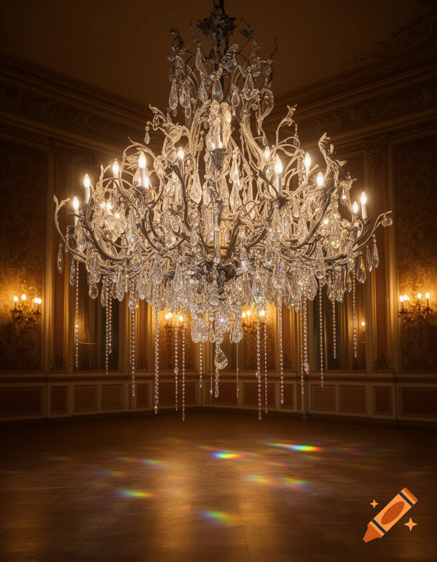 A large, ornate crystal chandelier hangs in the center of a grand, empty ballroom with light reflecting on the wooden floor.