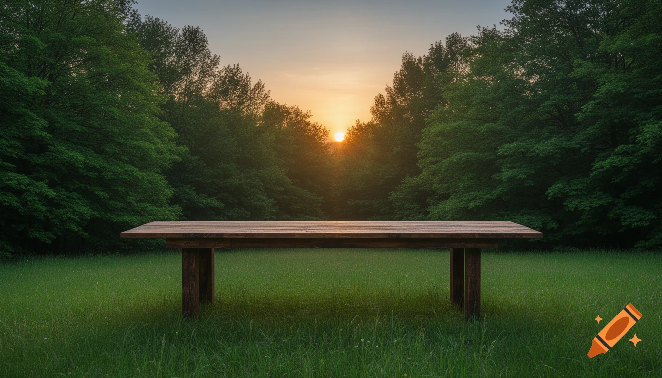 A long wooden table in a grassy field with a forest and sunset in the background. Photorealistic.