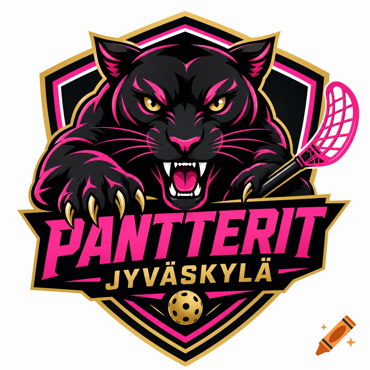 A vibrant sports logo featuring a fierce black panther with pink accents, a floorball stick, and text 'PANTTERIT JYVÄSKYLÄ' in a gold-outlined shield.