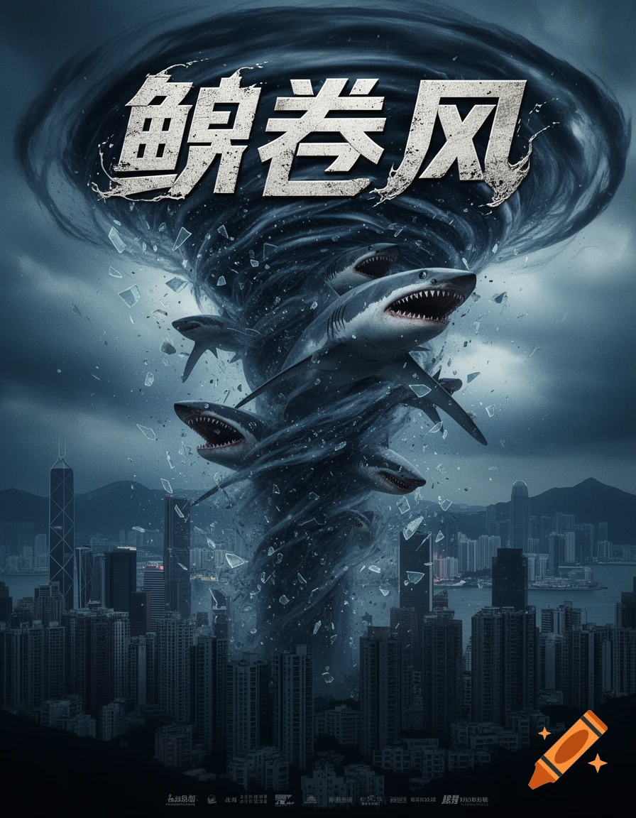 A dramatic movie poster featuring a dark tornado with sharks attacking a city, with Chinese title 'Sharknado'.