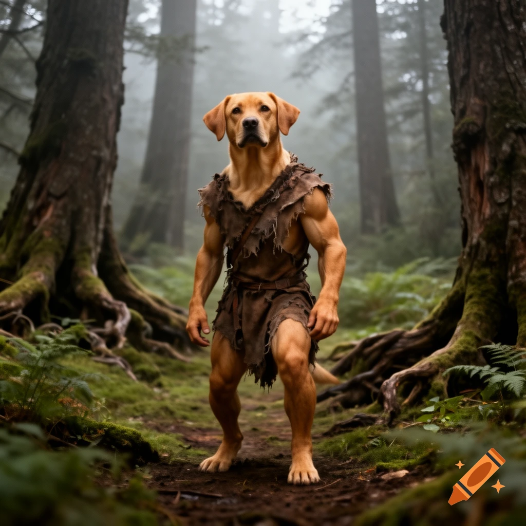 A muscular dog-headed man wearing tattered clothes stands in a misty forest.