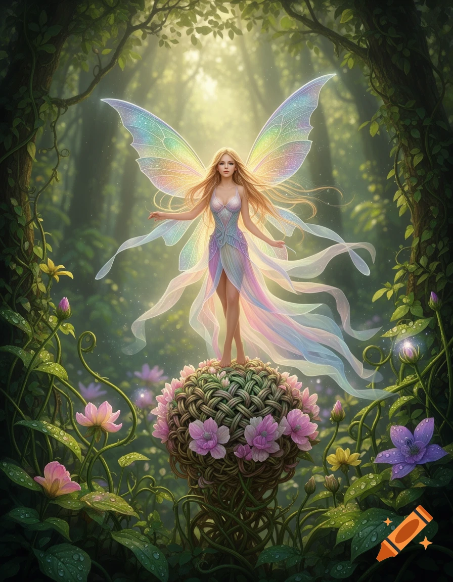 A radiant fairy with long blonde hair and iridescent wings stands atop a woven floral pedestal in a magical sunlit forest.