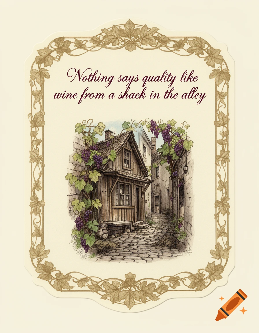 Vintage wine label illustration of a rustic shack in a cobblestone alley with grapevines and ironic text.