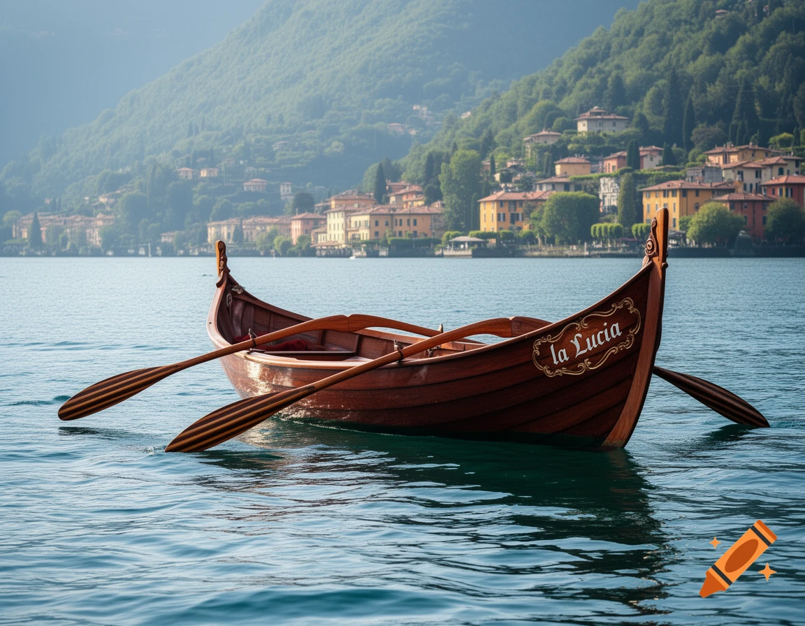 A wooden rowboat named La Lucia with oars floats on a lake, with a town built on a forested mountain in the background.