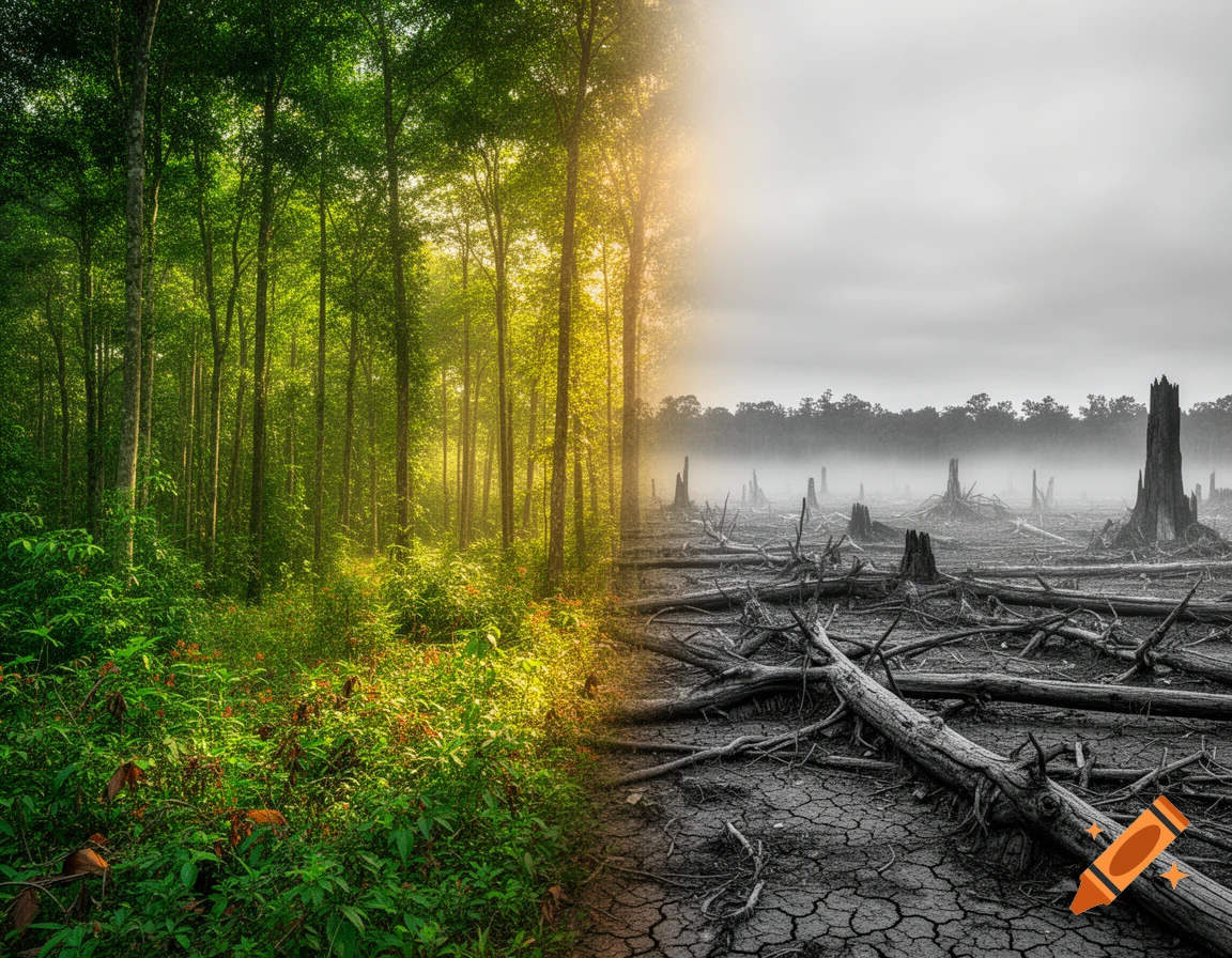 A split image showing a vibrant, lush green forest on one side and a barren, deforested landscape with tree stumps and dry cracked earth on the other.