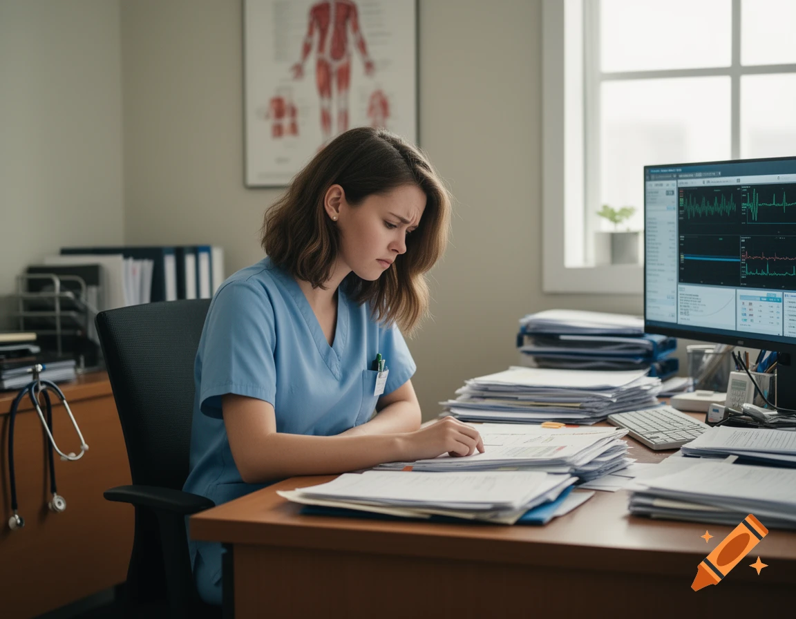 A photorealistic image of a young woman in blue scrubs, appearing stressed while reviewing paperwork at a cluttered office desk. A computer screen with medical charts and an anatomical poster are in the background.