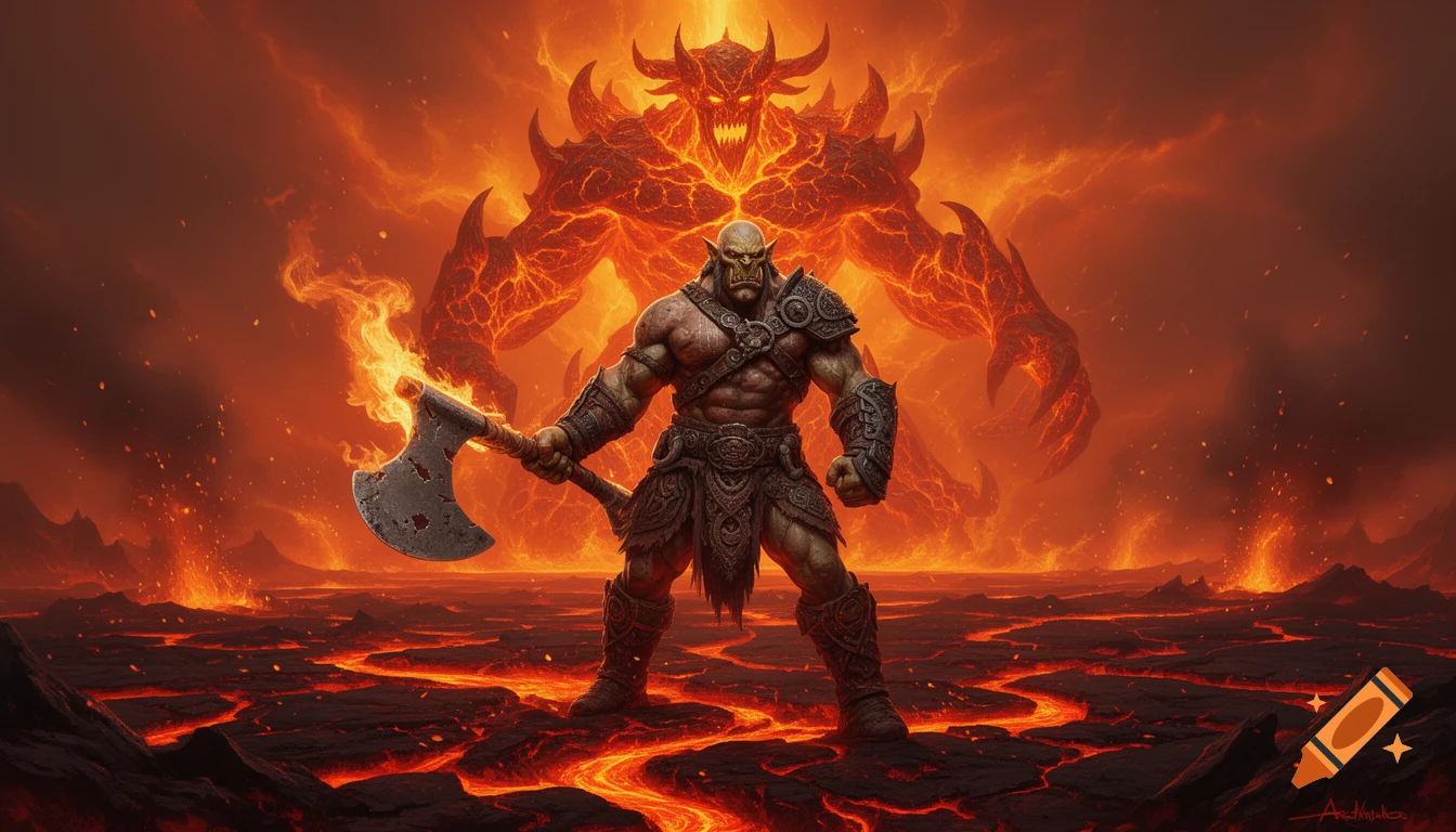 A muscular half-orc barbarian with an axe stands on a lava field, with a massive fiery lava god behind him under an orange sky.