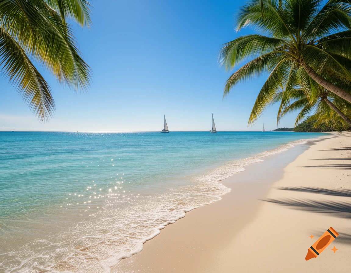 Tropical beach with white sand, turquoise water, palm trees, and sailboats under a clear blue sky.