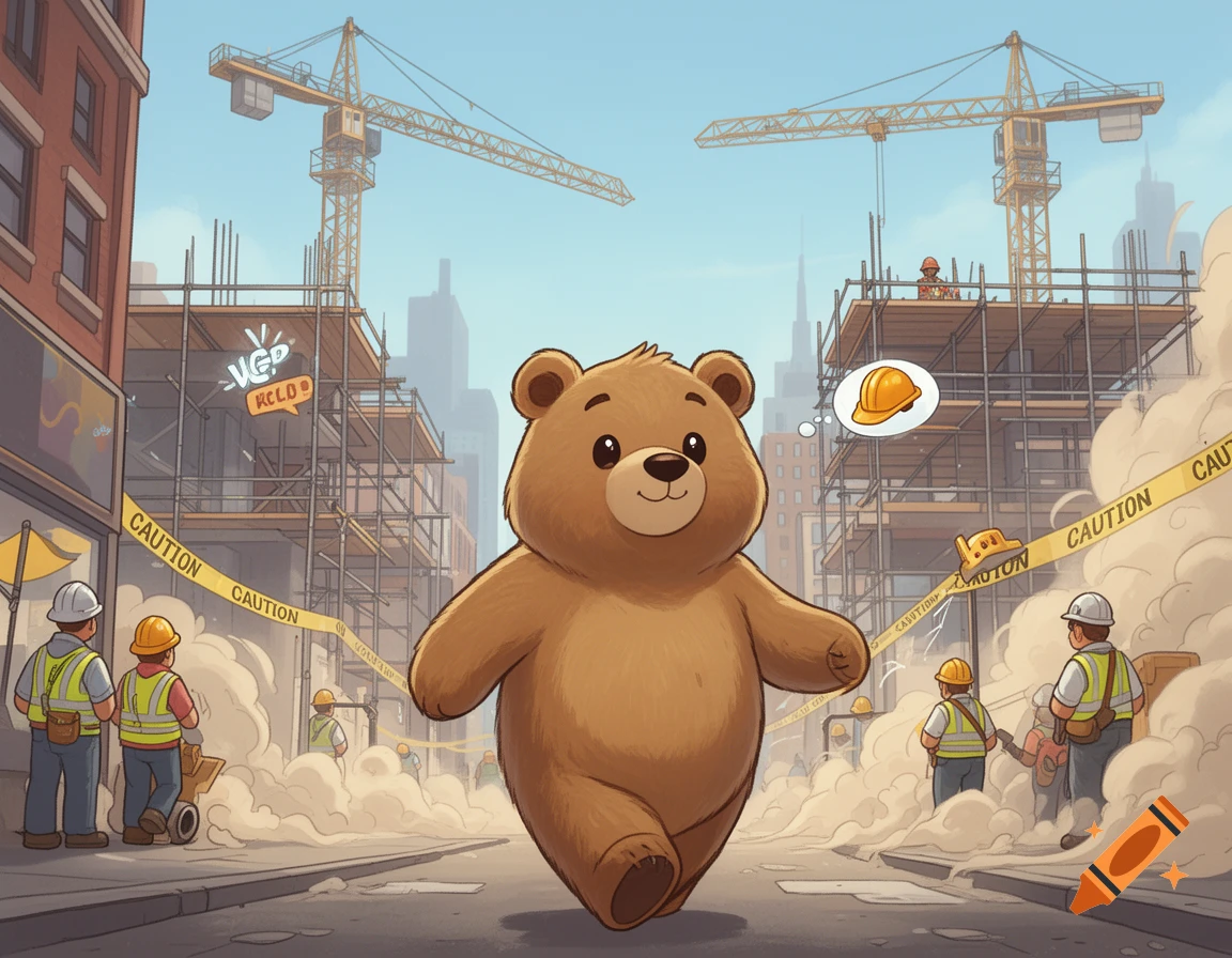 A cute cartoon bear walks down a dusty city street with a hard hat thought bubble, in front of a construction site with cranes and workers.