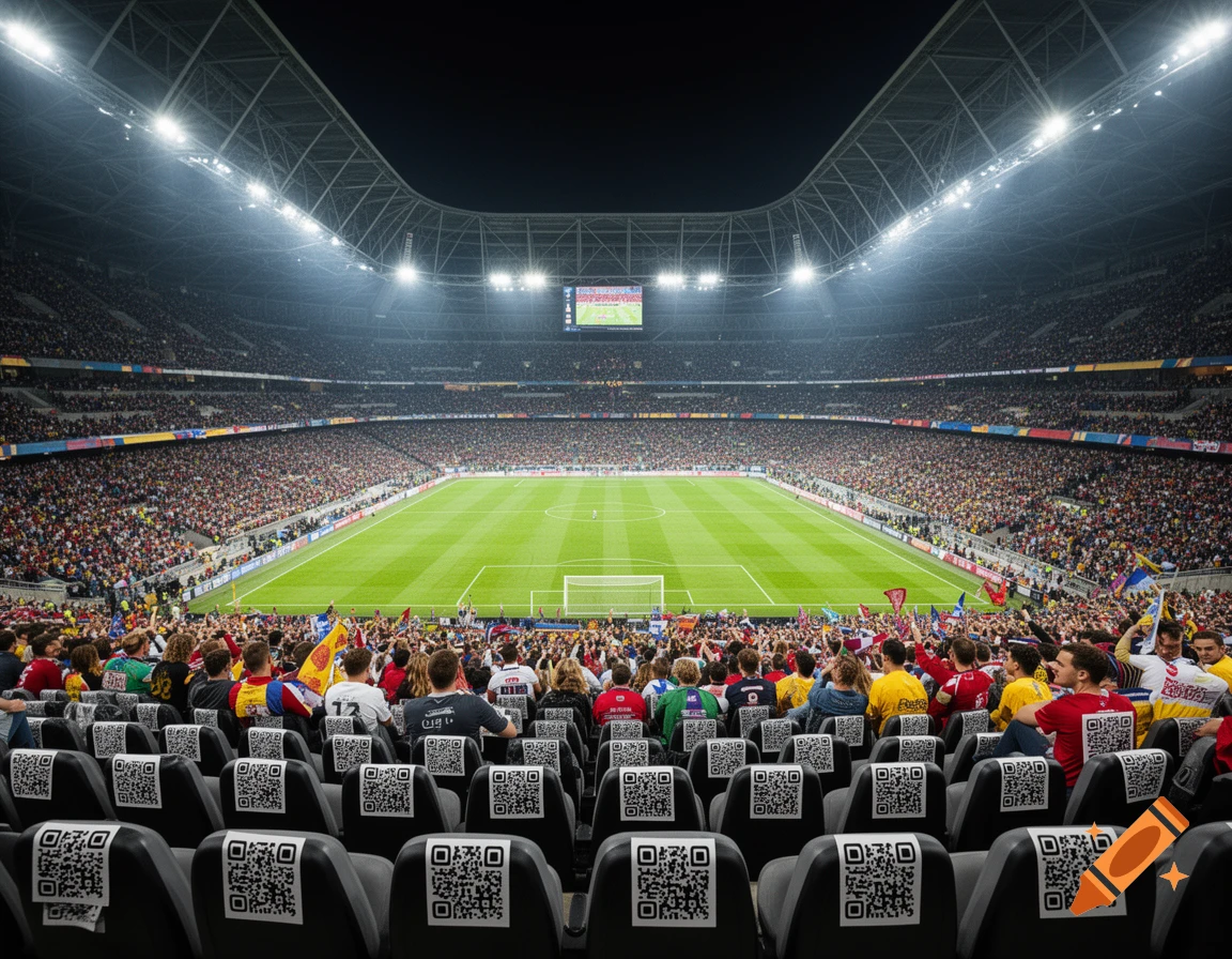 A wide shot of a brightly lit, packed football stadium at night, with QR codes on the seat backs in the foreground.