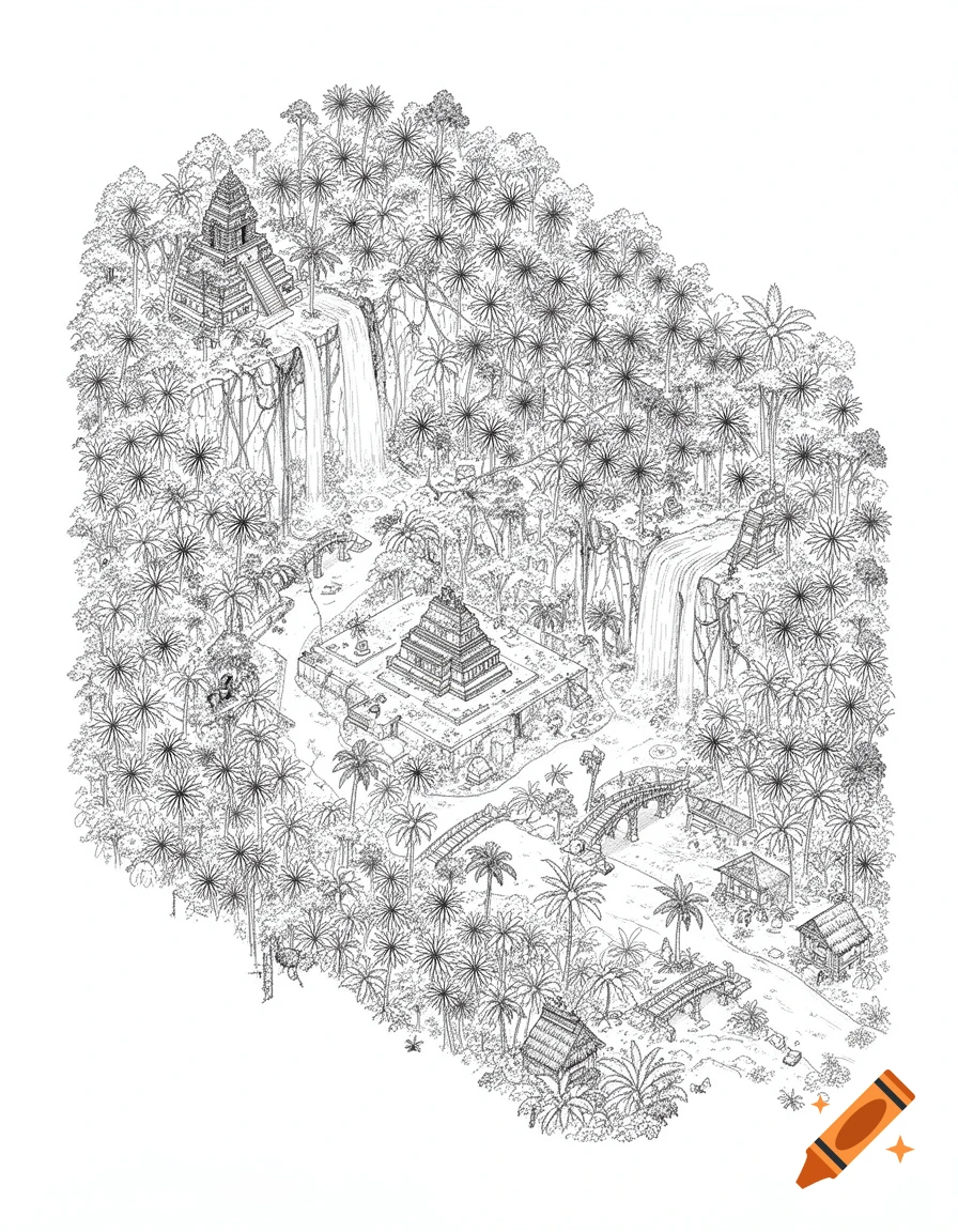 Detailed black and white isometric map illustration of a dense Amazonian jungle with Mayan temples, waterfalls, bridges, and huts.