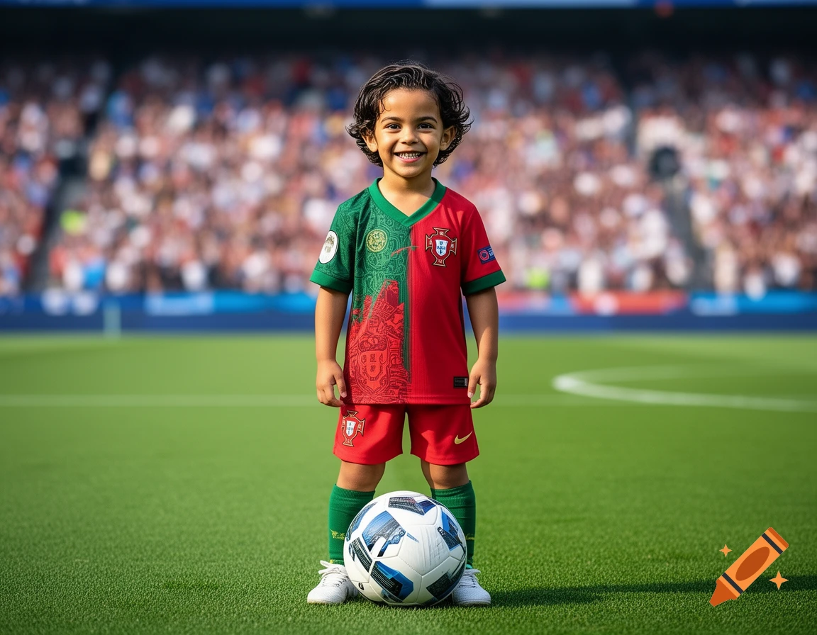 A smiling young child in a red and green Portugal soccer jersey stands on a green field with a soccer ball, a blurred stadium crowd in the background, photorealistic style.