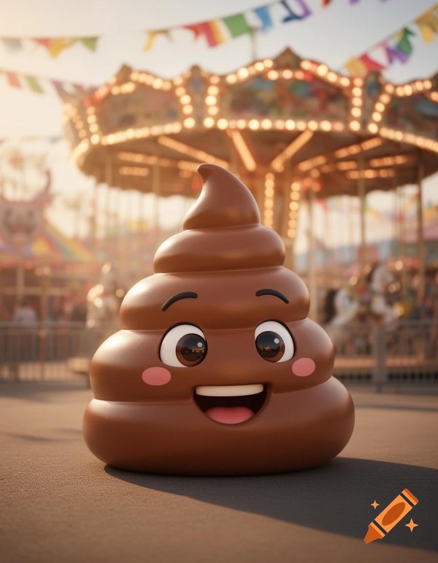 A cute, smiling poop emoji with rosy cheeks sits on the ground at a sunlit carnival with a merry-go-round in the background.
