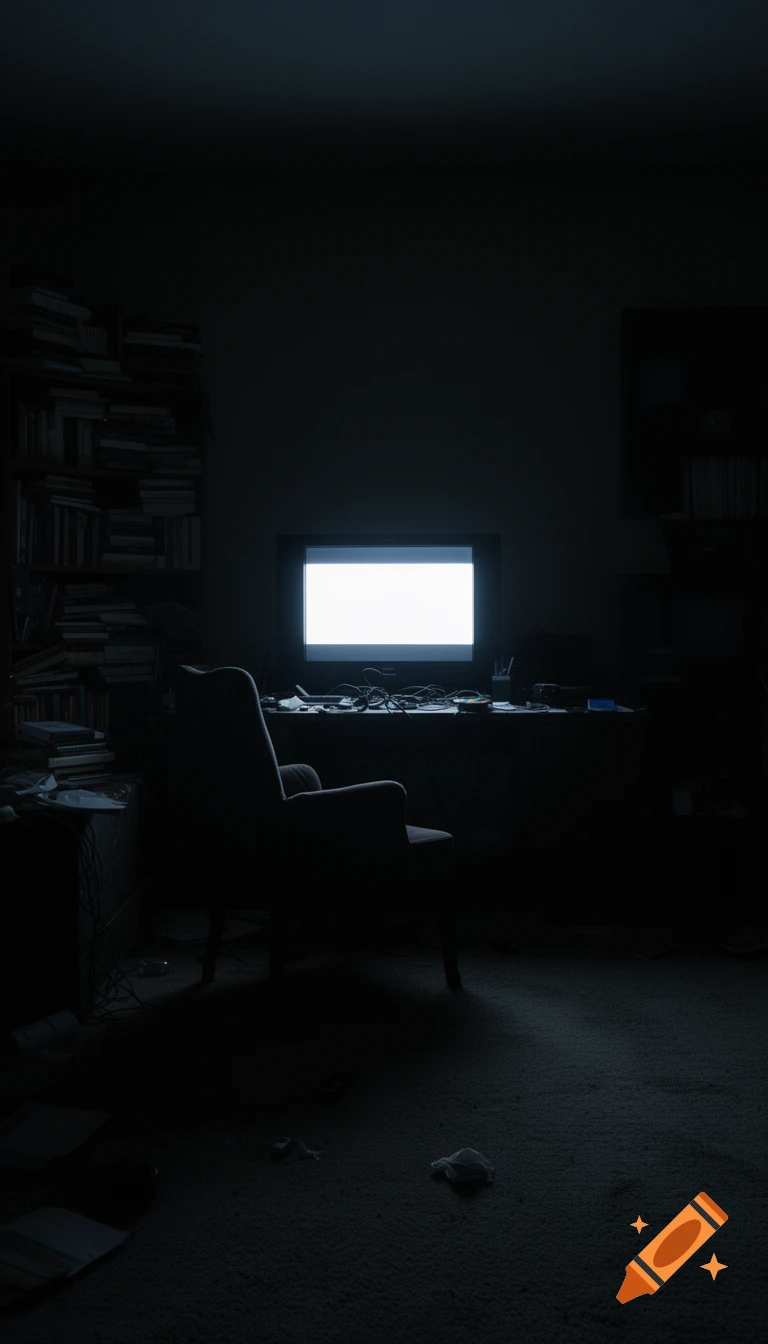 A very dark, empty room at night with a glowing static television illuminating an armchair, a cluttered desk, and a bookcase.