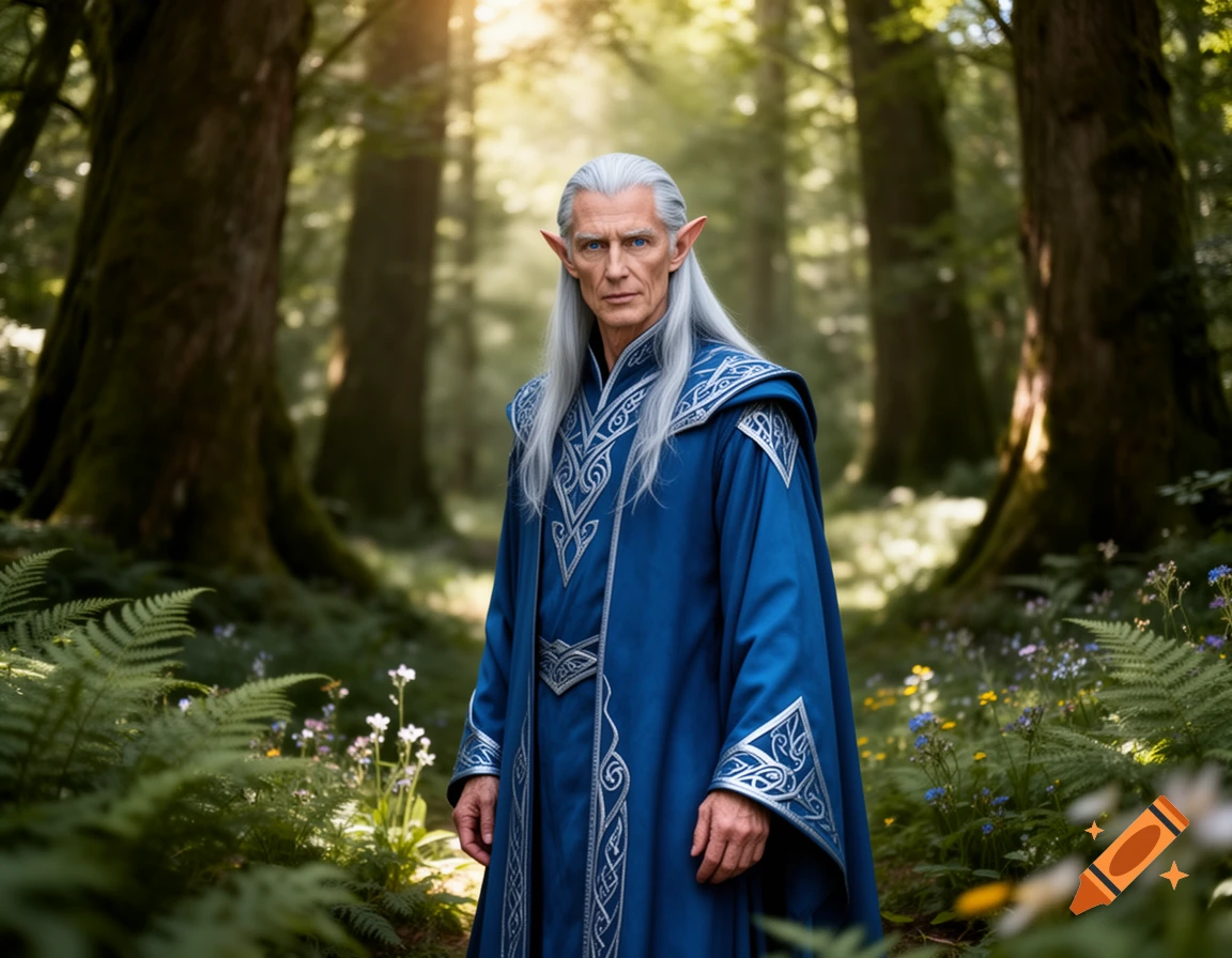 Regal older male elf with white hair and pointed ears in intricate blue and silver robes stands in a sunlit forest.