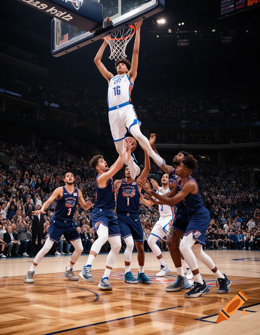 A tall basketball player in a white #16 Oklahoma City jersey hangs from the rim after dunking, surrounded by other players on a court.