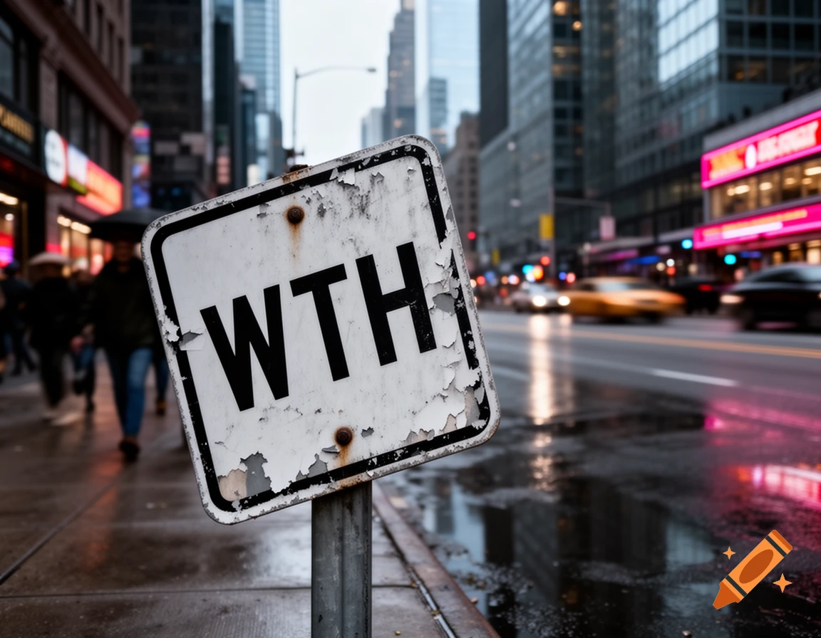 A worn white sign with 'WTH' in black letters leans on a wet city sidewalk, with blurred city traffic and buildings in the background.