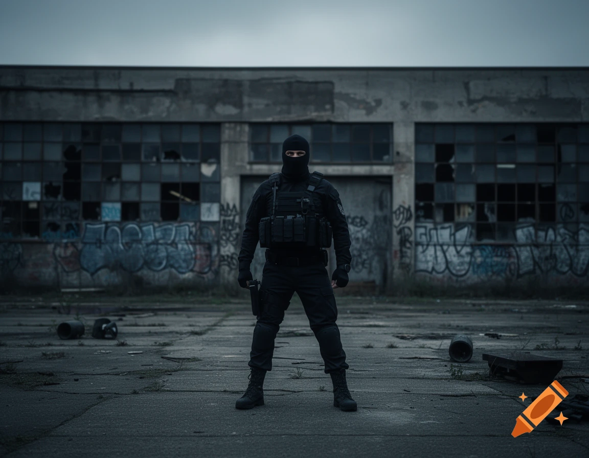 A person in black tactical gear and a balaclava stands with a weapon in a desolate, graffiti-covered industrial area under a dark sky.