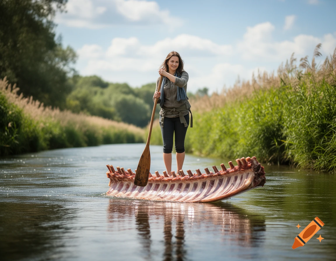Woman paddles a boat made from a large animal rib cage on a river with grassy banks under a blue sky.