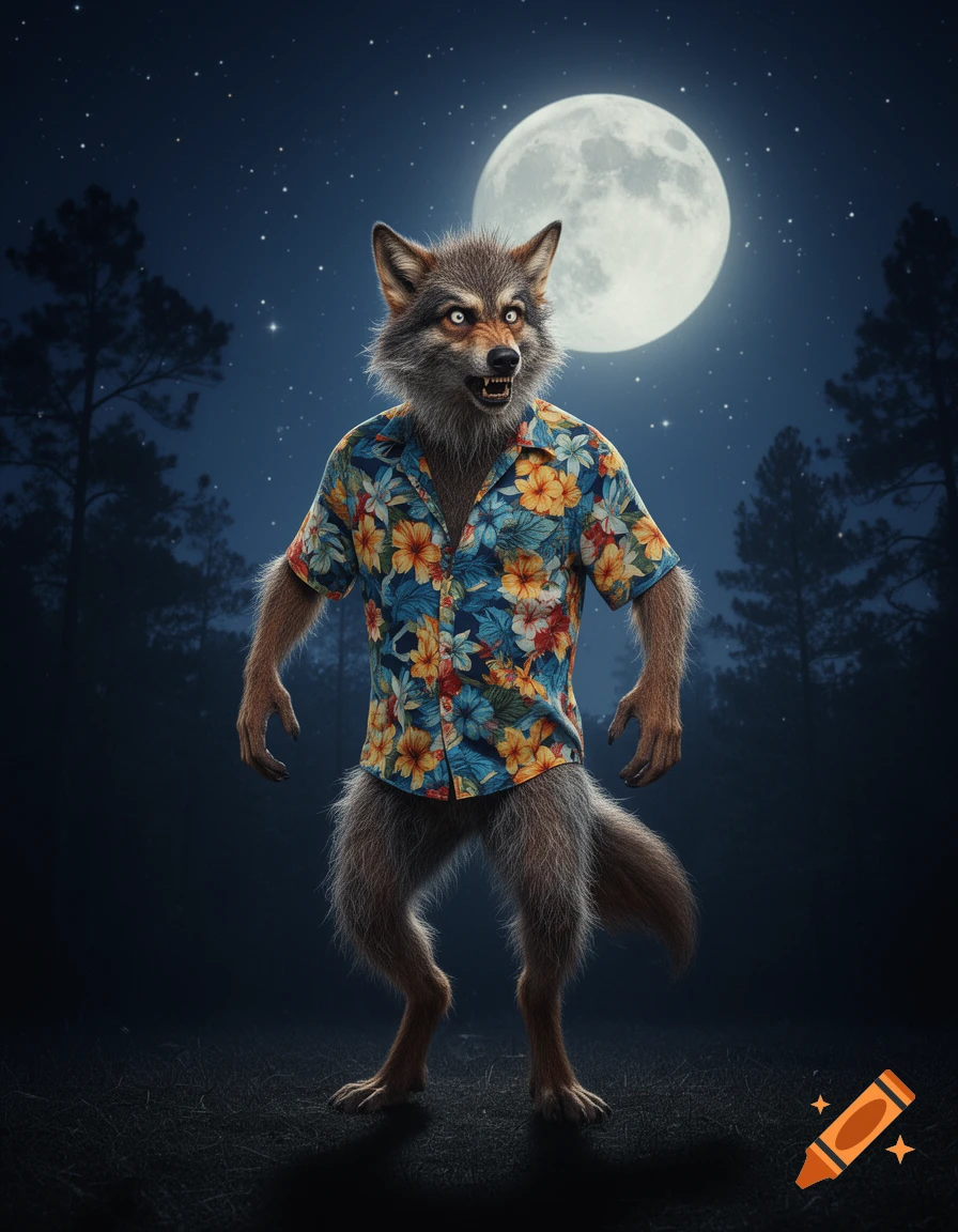 A photorealistic werewolf with glowing eyes wears a colorful Hawaiian shirt, standing under a full moon in a dark forest at night.