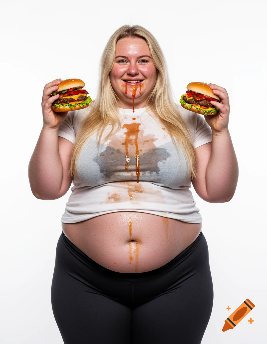A photorealistic image of a woman happily holding two hamburgers, with sauce dripping down her chin, shirt, and belly.