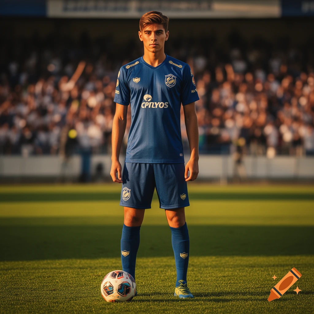 Photorealistic image of a young male soccer player in a blue uniform, standing on a grassy field with a ball at his feet.