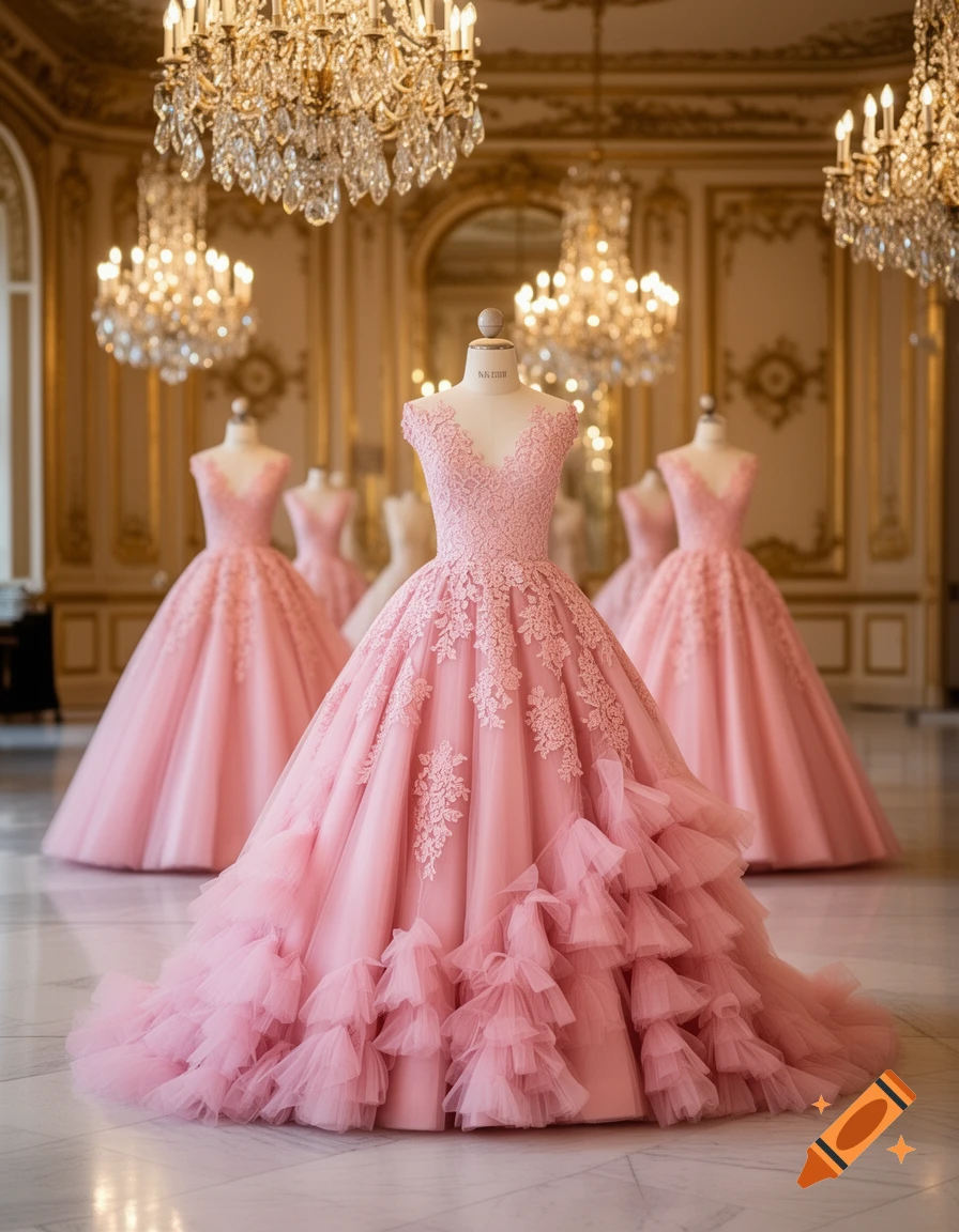 Pink ruffled and lace ballgowns displayed on mannequins in a luxurious room with crystal chandeliers and gilded decor.