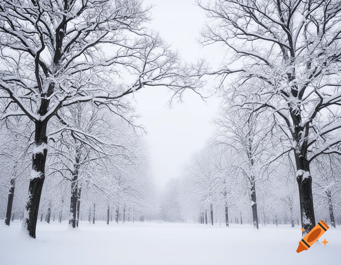 A serene winter landscape showing a path through a snow-covered forest with bare trees lining both sides under a soft white sky.