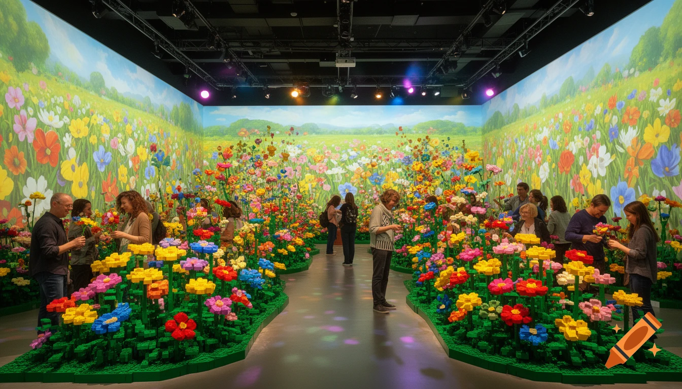 People explore an immersive Lego botanical garden exhibition with colorful brick flowers and a painted backdrop of a flower field.