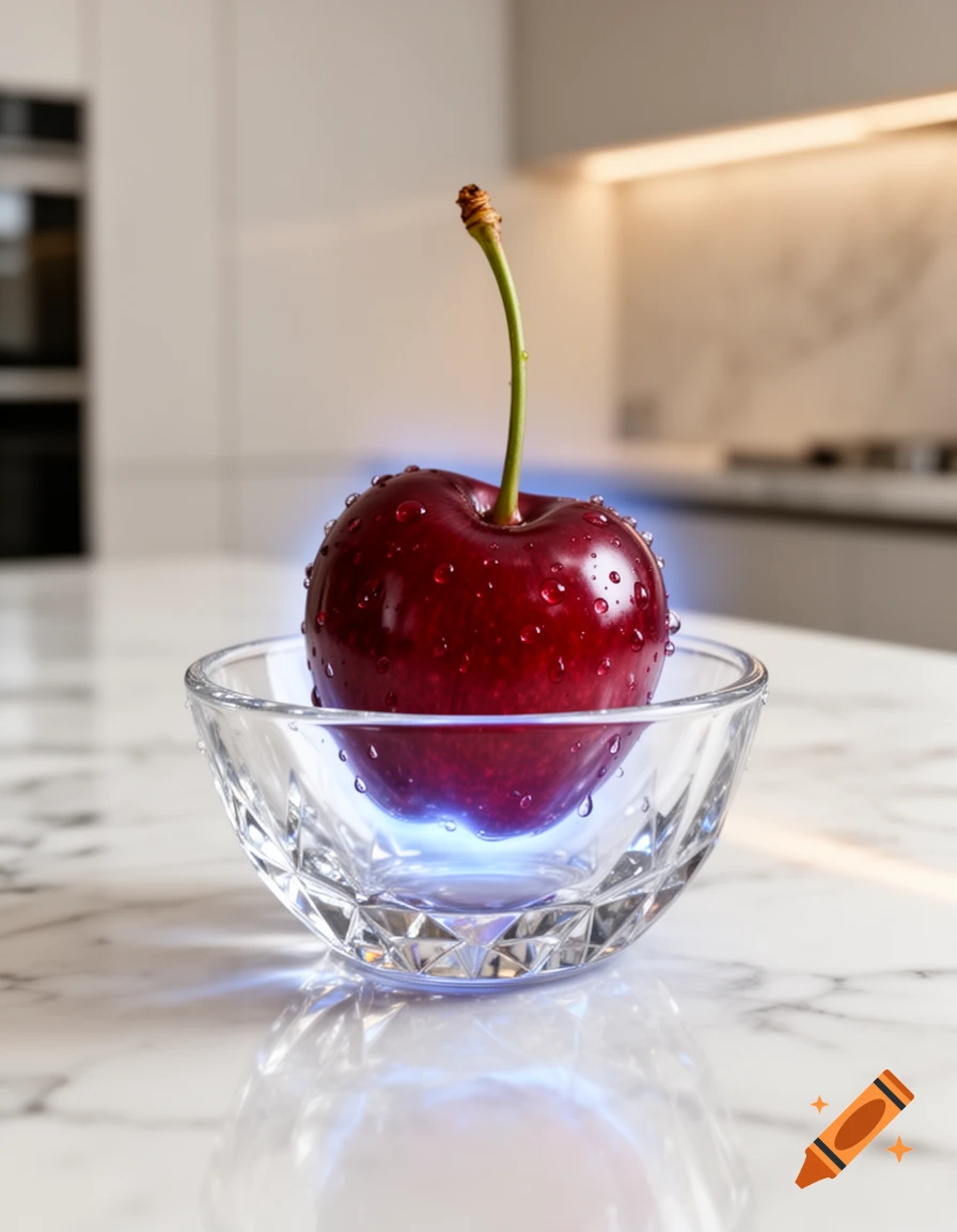 A photorealistic close-up of a dark red cherry, covered in water droplets, emitting a blue glow, resting in a faceted glass bowl on a white marble kitchen counter.