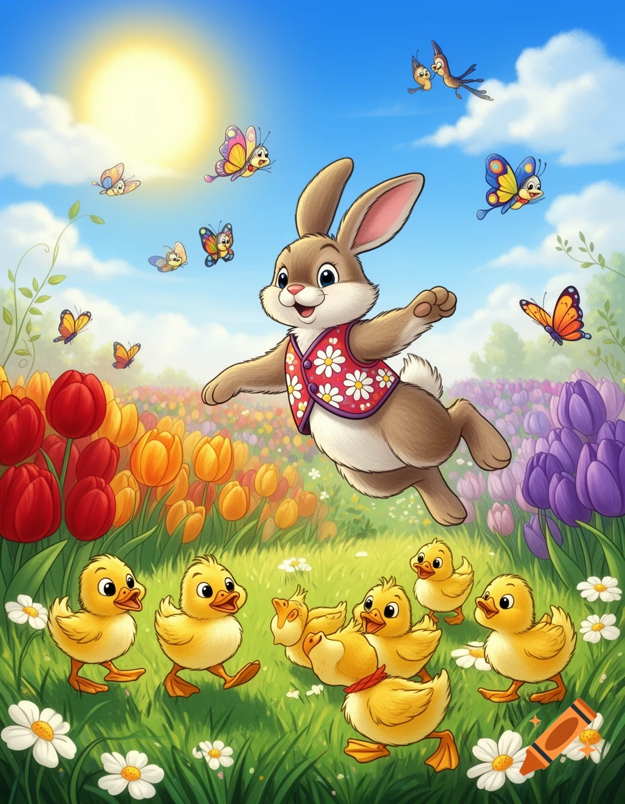 A cheerful cartoon bunny in a flowered vest leaps over waddling ducklings in a vibrant spring field of tulips and daisies, with butterflies under a sunny blue sky.