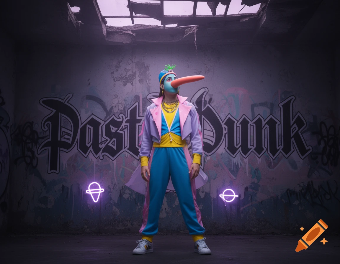 A person in a vibrant pastel goth costume with a long orange nose stands in a graffiti-covered urban room with neon lights.
