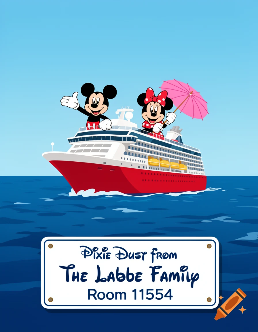 Cartoon Mickey and Minnie Mouse wave from a red and white cruise ship on blue water, with a sign below.
