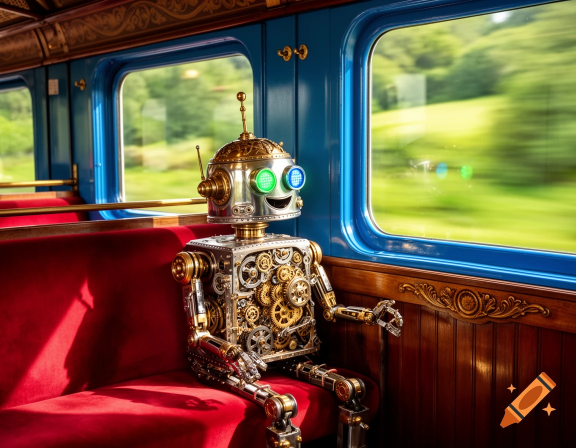 A detailed steampunk robot with green and blue eyes sits on a red velvet seat inside a vintage train, looking out at a blurred green landscape.