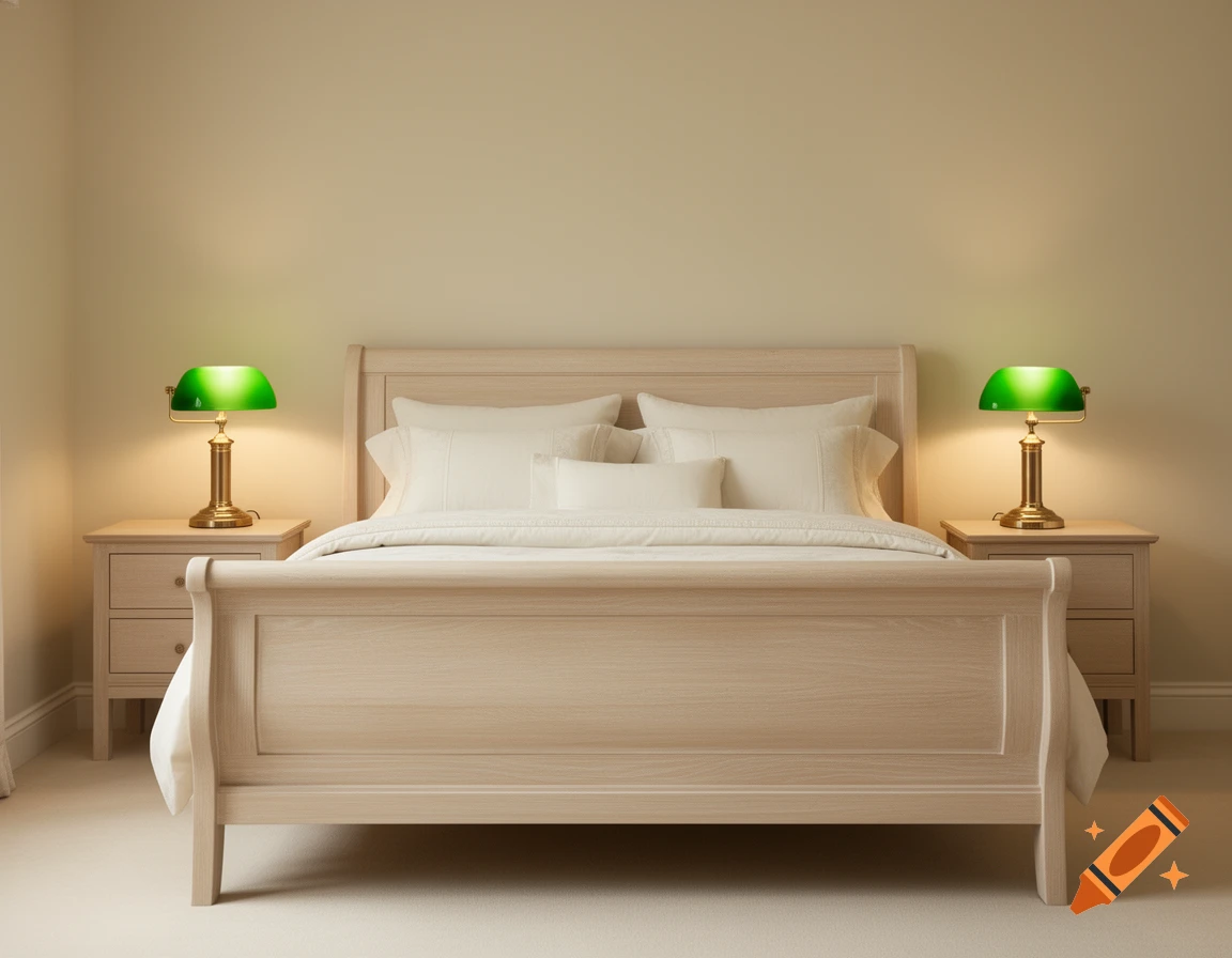 Photorealistic elegant bedroom with a pale wood sleigh bed, matching nightstands, and two classic green banker lamps.