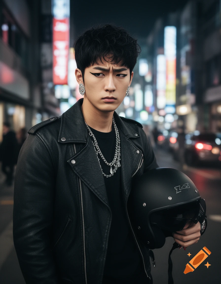 A serious-looking Korean man with black hair, eyeliner, and chains wears a leather jacket, holding a motorcycle helmet in a blurred city street at night. Photorealistic style.