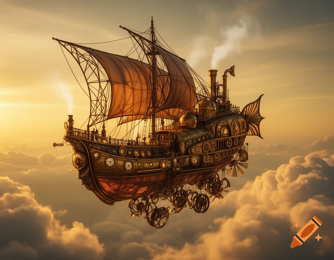 A detailed steampunk airship with sails, gears, and propellers flies above clouds at a golden sunset.