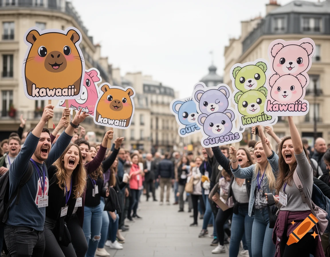 A cheering crowd holds up signs featuring cute cartoon capybaras and bear cubs in a city street.