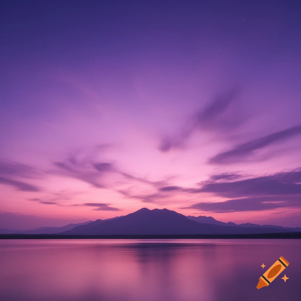 Vibrant purple and pink sunset over calm water reflecting the sky, with dark mountain silhouettes.