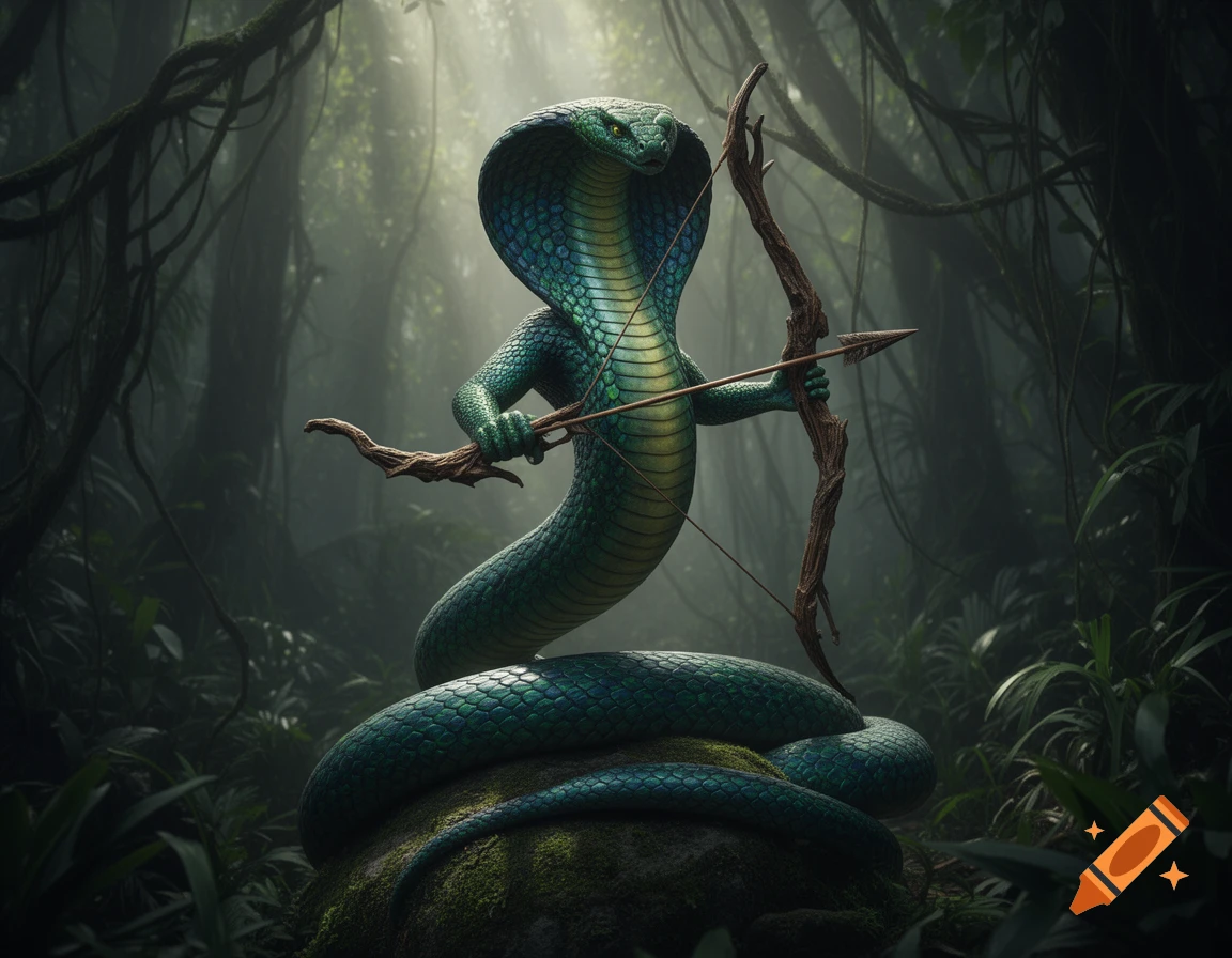 A muscular humanoid cobra monster with iridescent green scales stands in a misty jungle, holding a wooden bow and arrow.