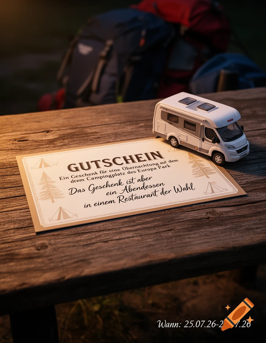 A miniature white camper van and a German gift voucher for camping and dinner rest on a rustic wooden table, with blurred backpacks behind.
