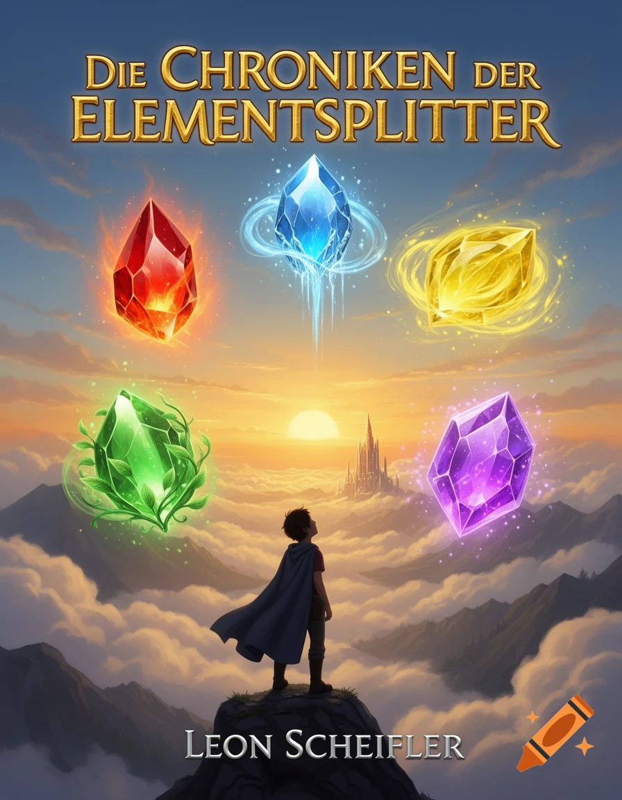 Fantasy illustration of a child in a cloak on a mountain, looking up at five glowing elemental crystals in a sky with a sunrise and distant castle.