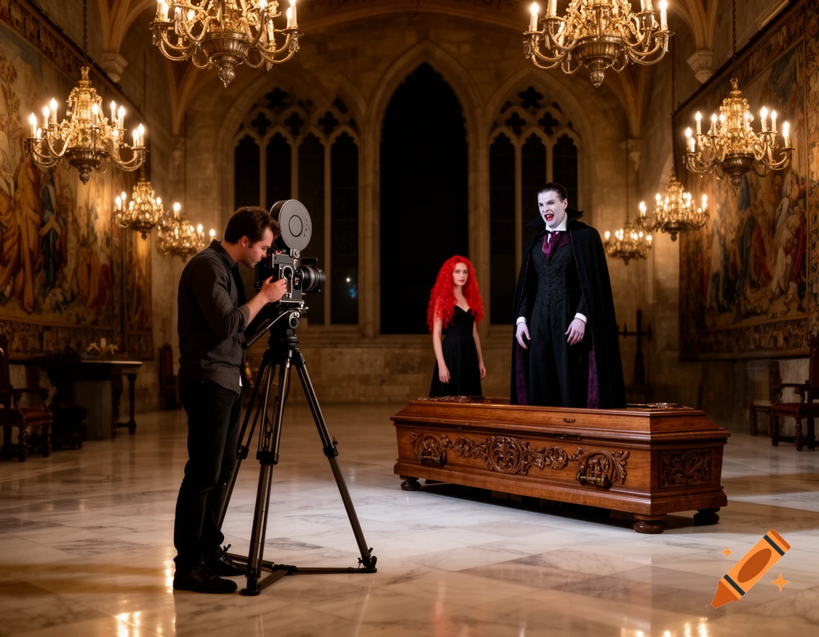 A man films a vampire rising from a coffin next to a red-haired woman in a grand castle hall.