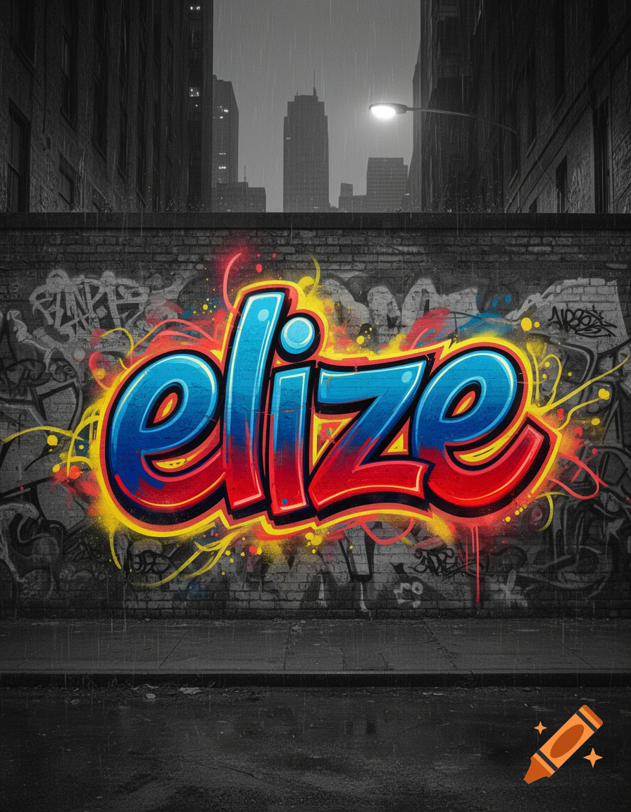 Vibrant graffiti of the name 'elize' in blue and red with yellow accents on a brick wall, set in a rainy, dark urban alleyway.