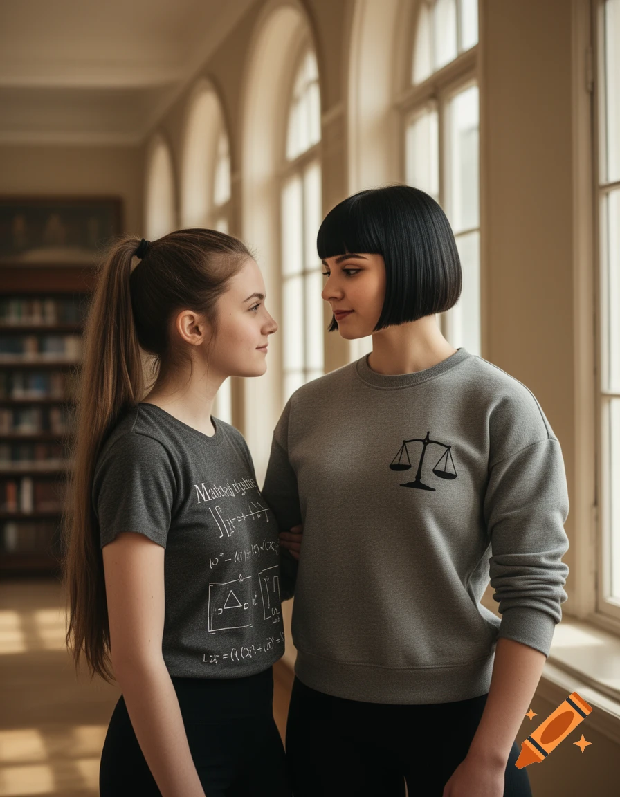 Two young women, one with a ponytail and a math-themed shirt, the other with a bob cut and a justice scales shirt, stand in a sunlit library.