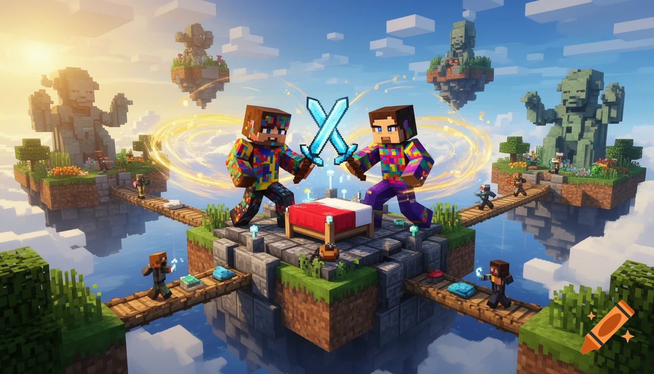 Two colorful Minecraft players with glowing swords stand over a bed on a floating island, surrounded by other islands with statues and players in a pixel art style.