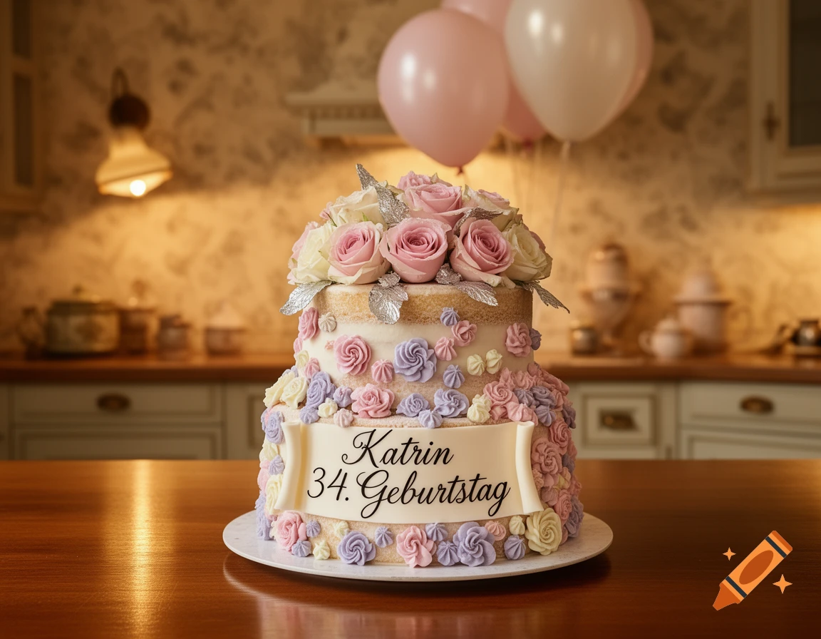 A two-tiered birthday cake with pink and white roses, frosting flowers, and a banner reading 'Katrin 34. Geburtstag', set in a kitchen with balloons.