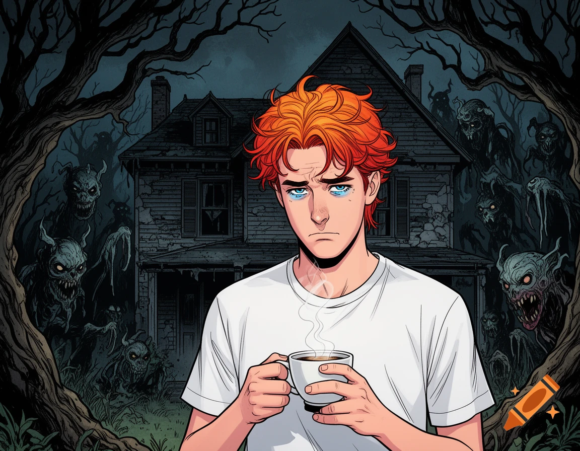 Comic book art of a sad, red-haired man holding coffee in front of a haunted house and creepy monsters.