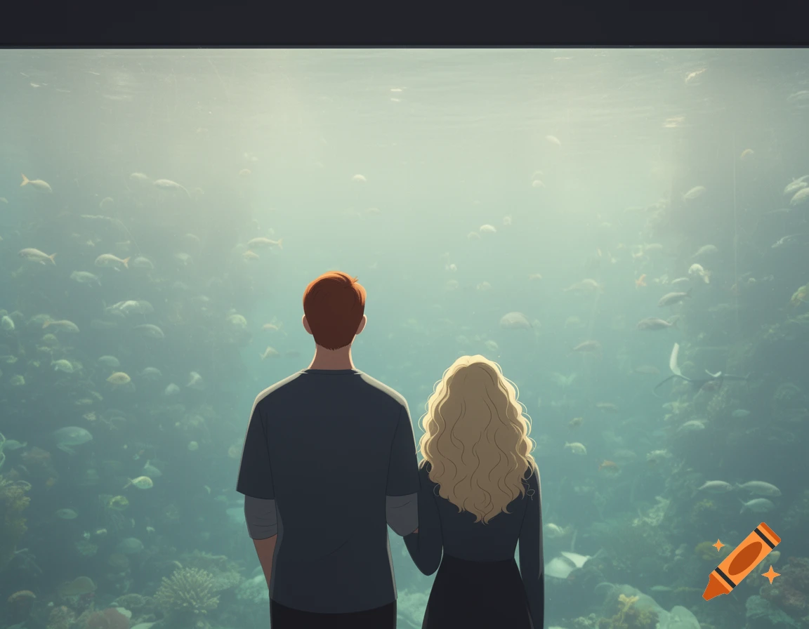 Minimalist illustration of a couple with their backs to the viewer, looking at fish in a giant aquarium.